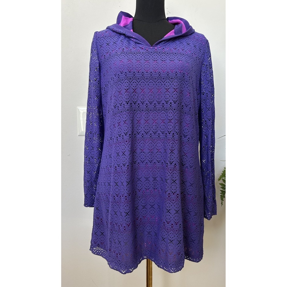 TITLE NINE Purple Eyelet Beach Swimsuit Long Sleeve Cover Up Hooded Dress Size L